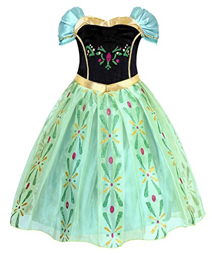 AmzBarley Niña Princesa Anna Coronación Vestido Disfraz Niño Cumpleaños Fiesta Cosplay Carnaval Cosplay Halloween Ceremonia Traje Verde 7-8 Años 130