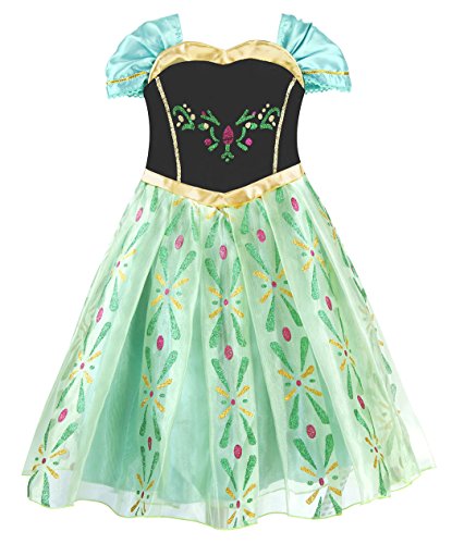 AmzBarley Niña Princesa Anna Coronación Vestido Disfraz Niño Cumpleaños Fiesta Cosplay Carnaval Cosplay Halloween Ceremonia Traje Verde 7-8 Años 130