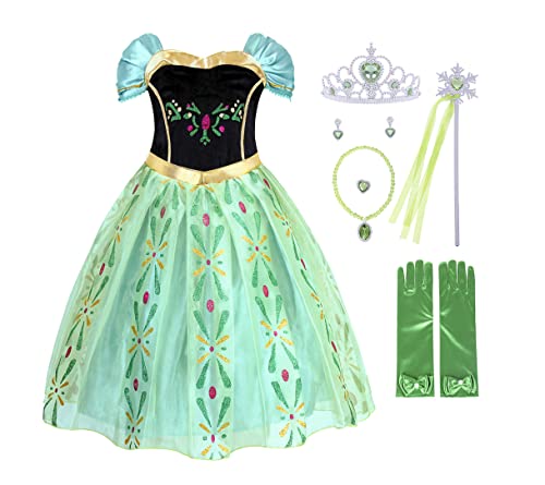 AmzBarley Niña Princesa Anna Coronación Vestido Disfraz Niño Cumpleaños Fiesta Cosplay Carnaval Cosplay Halloween Ceremonia Traje Verde 7-8 Años 130