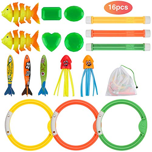 Anpro 16 PCS Juguete Piscina de Buceo para Niños,Juegos de Agua en Verano, Kit de Regalo para Niños