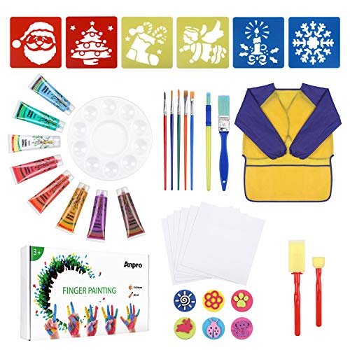 Anpro 38PCS Pintura de Dedos para niños, Suministros de Arte, Pintura de 8 Colores, Delantal Impermeable, Tablero de Dibujo de Molde, Papel de Dibujo, Juego de Pintura de Paleta