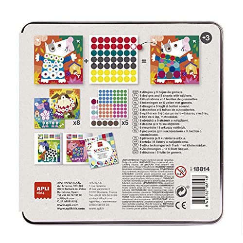 APLI Kids 18814 - Juego de gomets multicolores en caja metálica modelo PERROS - Juego de pegatinas para completar las ilustraciones