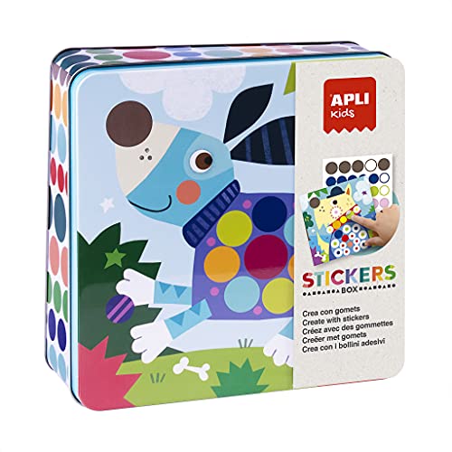 APLI Kids 18814 - Juego de gomets multicolores en caja metálica modelo PERROS - Juego de pegatinas para completar las ilustraciones