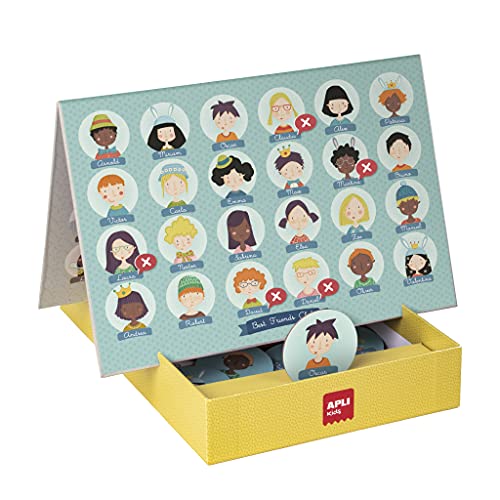 APLI Kids 18901 - Juego de mesa clásico Quién es quién - Con stickers mágicos reutilizables y 48 piezas de Ø 60 mm - Divertido juego infantil de estrategia