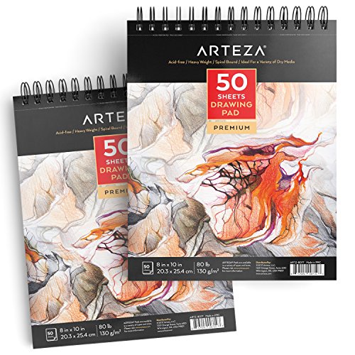 Arteza Cuadernos de dibujo, Pack de 2 blocs de 50 hojas cada uno, Papel grueso de 130g con tamaño 20,3 x 25 cm para dibujo artístico con medios secos