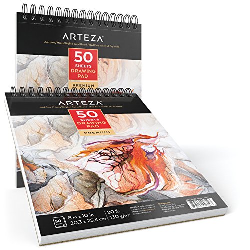 Arteza Cuadernos de dibujo, Pack de 2 blocs de 50 hojas cada uno, Papel grueso de 130g con tamaño 20,3 x 25 cm para dibujo artístico con medios secos