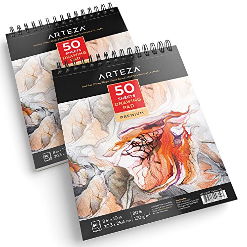 Arteza Cuadernos de dibujo, Pack de 2 blocs de 50 hojas cada uno, Papel grueso de 130g con tamaño 20,3 x 25 cm para dibujo artístico con medios secos