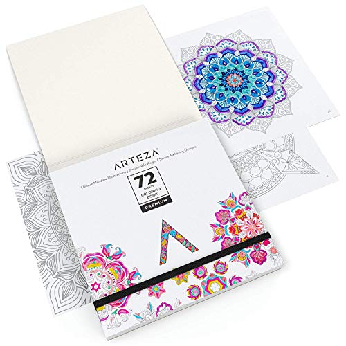 Arteza Libro de mandalas para colorear de adultos, (16,3 cm x 16,3 cm), 72 hojas, papel de 150 gsm, alivio del estrés y la ansiedad, páginas desmontables, relájate coloreando