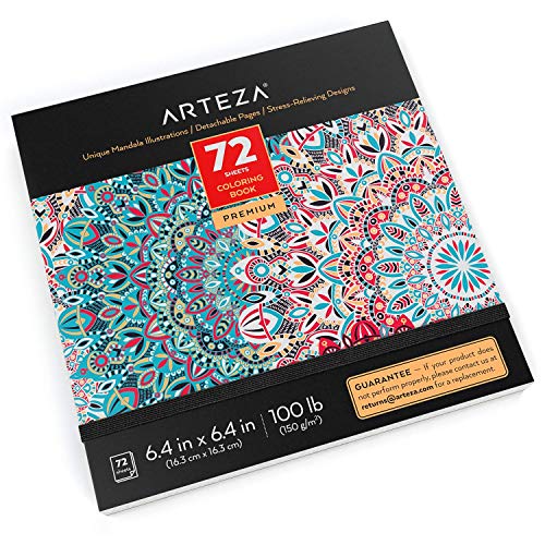 Arteza Libro de mandalas para colorear de adultos, (16,3 cm x 16,3 cm), 72 hojas, papel de 150 gsm, alivio del estrés y la ansiedad, páginas desmontables, relájate coloreando