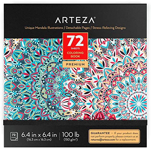 Arteza Libro de mandalas para colorear de adultos, (16,3 cm x 16,3 cm), 72 hojas, papel de 150 gsm, alivio del estrés y la ansiedad, páginas desmontables, relájate coloreando