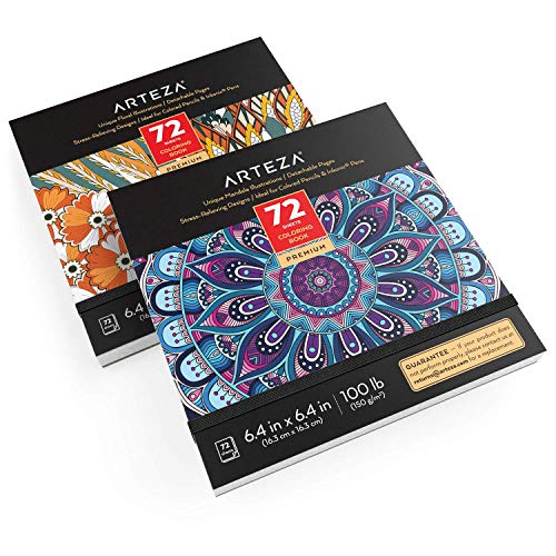 Arteza Libros de colorear para adultos con diseños florales y mandalas, pack 2 blocs de 72 páginas (144), relajantes, para el estrés y ansiedad en adultos y adolescentes, meditación y mindfulness