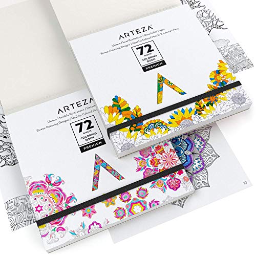 Arteza Libros de colorear para adultos con diseños florales y mandalas, pack 2 blocs de 72 páginas (144), relajantes, para el estrés y ansiedad en adultos y adolescentes, meditación y mindfulness