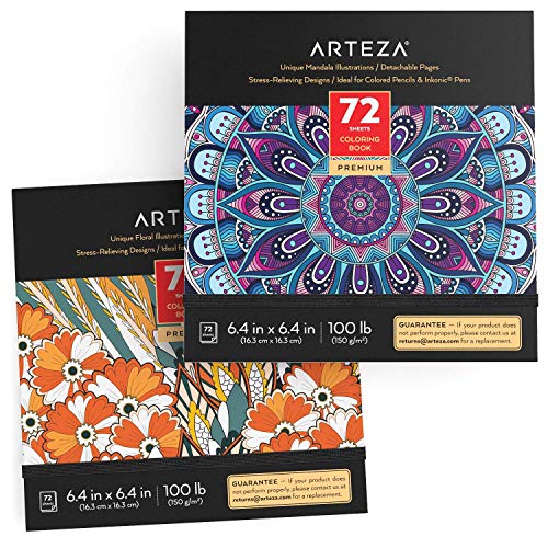 Arteza Libros de colorear para adultos con diseños florales y mandalas, pack 2 blocs de 72 páginas (144), relajantes, para el estrés y ansiedad en adultos y adolescentes, meditación y mindfulness