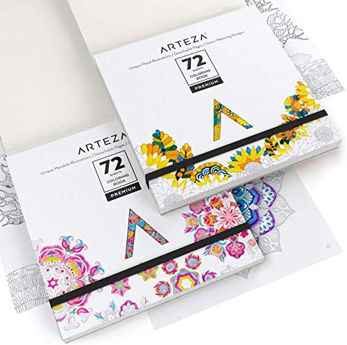 Arteza Libros de colorear para adultos con diseños florales y mandalas, pack de 2, total 144 hojas, papel de 150 gsm, alivio del estrés y la ansiedad, páginas desmontables, relájate coloreando