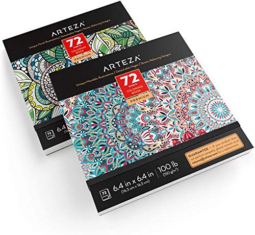 Arteza Libros de colorear para adultos con diseños florales y mandalas, pack de 2, total 144 hojas, papel de 150 gsm, alivio del estrés y la ansiedad, páginas desmontables, relájate coloreando