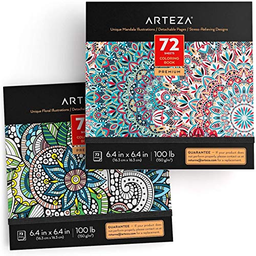 Arteza Libros de colorear para adultos con diseños florales y mandalas, pack de 2, total 144 hojas, papel de 150 gsm, alivio del estrés y la ansiedad, páginas desmontables, relájate coloreando