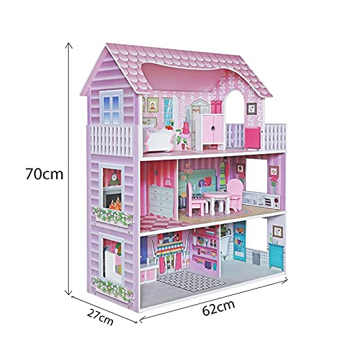 ATAA Casita de muñecas para niñas y niños 62x27x70cm - Rosa -Gran casita de muñecas de Madera para niñas y niños Rosa Accesorios