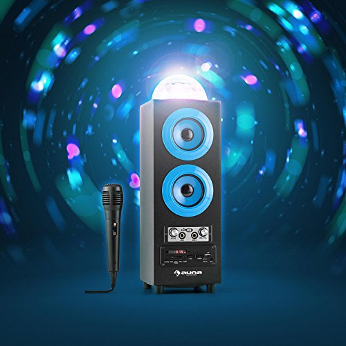 AUNA DiscoStar Blue - Altavoces Bluetooth 2.1, Luces LED, FM, MP3, SD USB, Mini USB, AUX, Micrófono, Control de Volumen, Mando, Asas, Batería portátil, Azul