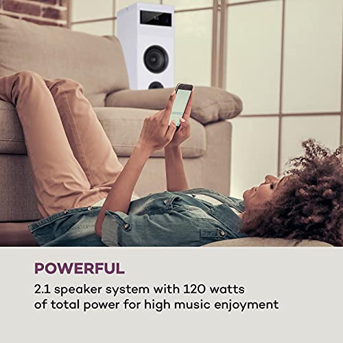 auna Karaboom 100 - Sistema de Altavoces 2.1, Altavoz de Torre, Altavoz 2.1, Altavoz Vertical, 120 W, Bluetooth, Puerto USB 2 en 1, MP3, Entrada AUX, Soporte para Tablet, Blanco