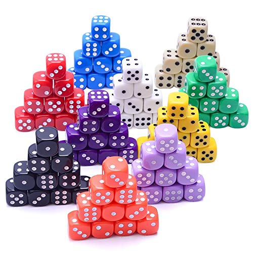 AUSTOR 100 Piezas 6 - Sided Dice Set, 10 x 10 Colores Diferentes 16mm acrílico Dados con Free Velvet Bolsas para Tenzi, Farkle, Yahtzee, Bunco o la enseñanza de Las matemáticas