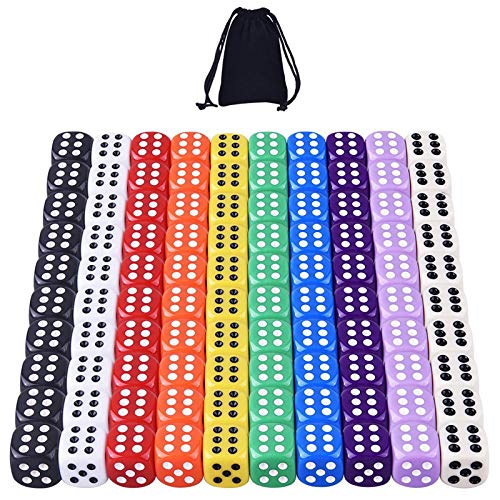 AUSTOR 100 Piezas 6 - Sided Dice Set, 10 x 10 Colores Diferentes 16mm acrílico Dados con Free Velvet Bolsas para Tenzi, Farkle, Yahtzee, Bunco o la enseñanza de Las matemáticas