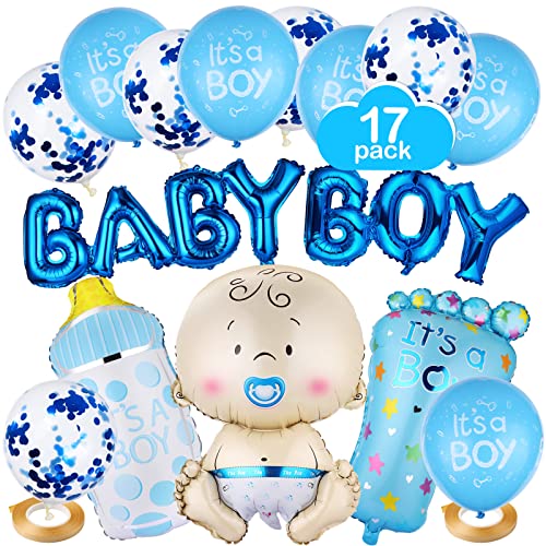 Baby Shower Globos, Diealles Shine 17 Piezas Gender Reveal Balloon para Decoracion Baby Shower Niño, Azul Globos para Baby Shower Boy