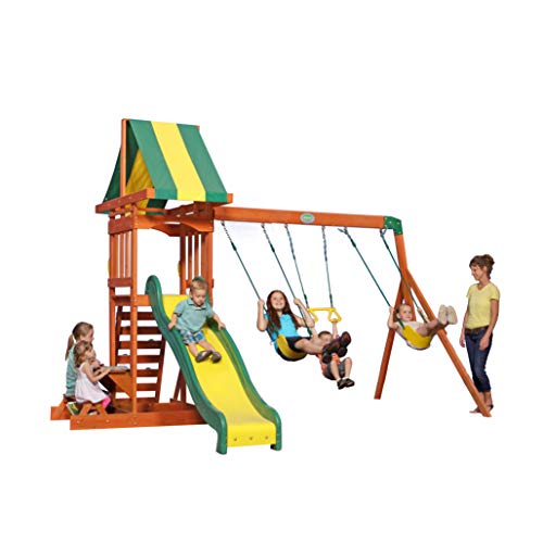 Backyard Discovery Parque Infantil Sunnydale | Zona Infantil para ninos de Madera XXL con Columpio, Tobogan, Arenero y Mesa de Picnic | Area de Juegos para Jardin