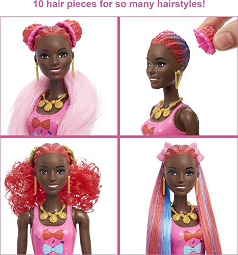 Barbie Color Reveal Peinados Lazos, muñeca sorpresa de juguete con accesorios para el pelo y mascota (Mattel HBG40)