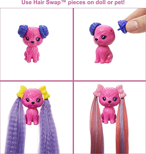 Barbie Color Reveal Peinados Lazos, muñeca sorpresa de juguete con accesorios para el pelo y mascota (Mattel HBG40)