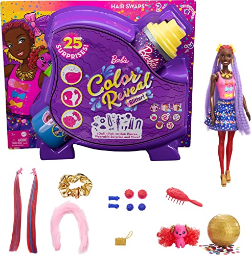 Barbie Color Reveal Peinados Lazos, muñeca sorpresa de juguete con accesorios para el pelo y mascota (Mattel HBG40)