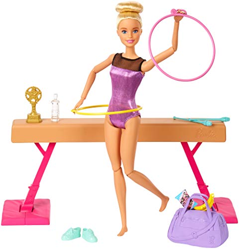 Barbie Olimpíadas, muñeca gimnasta, barra de equilibrios de juguete y más de 15 accesorios (Mattel GJM72)