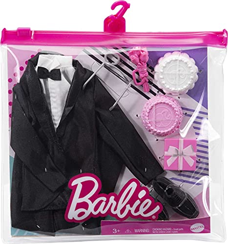 Barbie Paquete de moda: traje de novia para muñeca Ken con esmoquin, zapatos, reloj, regalo, pastel de boda con bandeja y ramo, regalo para niños de 3 a 8 años de edad