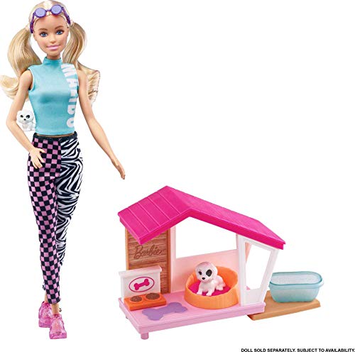 Barbie Set de juego con caseta de perro, 2 perritos y accesorios de juguete para muñecas, regalo para niñas y niños +3 años (Mattel GRG78)