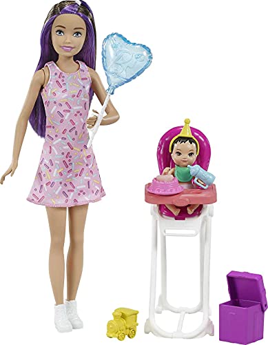 Barbie Skipper Muñeca canguro con vestido y bebé, con trona de niño de juguete y accesorios de cumpleaños (Mattel GRP40)