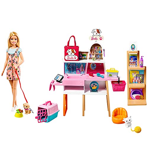 Barbie Tienda De Mascotas Muñeca con Establecimiento De Animales Y Accesorios para Mascotas De Juguete (Mattel Grg90) + Y Su Carrito para Mascotas, Muñeca Rubia con Accesorios Y Perritos