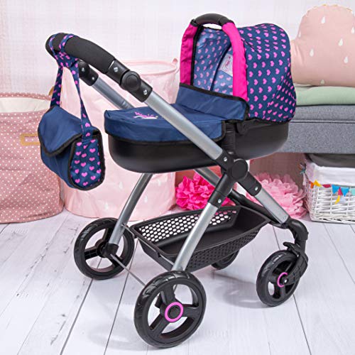 Bayer Design- Cochecito Style con Bolso Cambiador, Carrito Paseo Para Muñecos, Convertible, Plegable, Compatible con Silla de Coche Easygo, Color Azul, con Corazones y Unicornios (12654Aa)