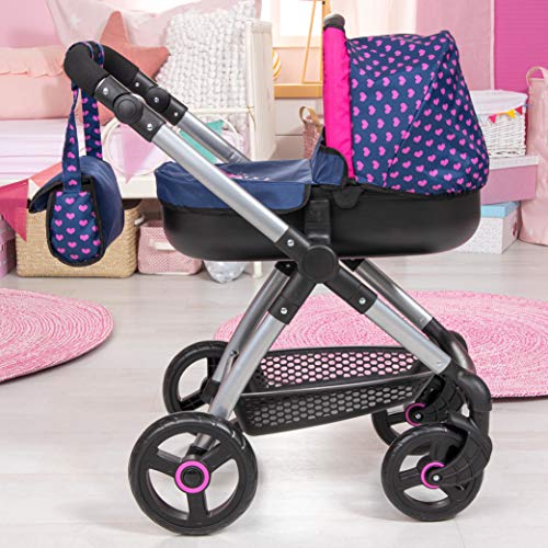 Bayer Design- Cochecito Style con Bolso Cambiador, Carrito Paseo Para Muñecos, Convertible, Plegable, Compatible con Silla de Coche Easygo, Color Azul, con Corazones y Unicornios (12654Aa)