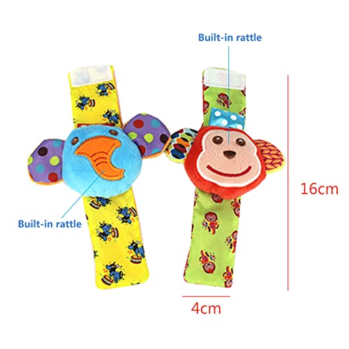 BEAUTYBIGBANG Sonajeros de Muñeca, 4 PCS Bebé Sonajeros Manos y Buscador de Calcetines para pies Juguete de Animales Lindo para el Desarrollo del Bebés Niños y Niñas 0-12 Meses