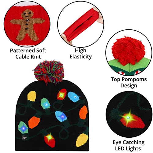 Belle Vous Gorros Navideños con Luces LED (Pack de 2) Gorro de Navidad Unisex con Borla – Gorros Tejidos Elásticos con 6 LED – Diseño Muñeco Jengibre y Luces de Navidad para Fiestas e Invierno