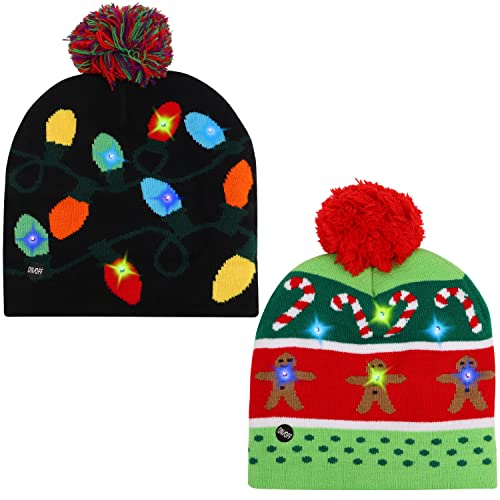 Belle Vous Gorros Navideños con Luces LED (Pack de 2) Gorro de Navidad Unisex con Borla – Gorros Tejidos Elásticos con 6 LED – Diseño Muñeco Jengibre y Luces de Navidad para Fiestas e Invierno