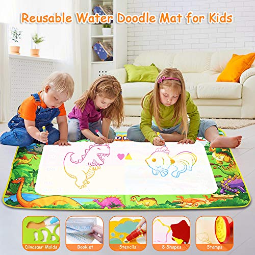 BelleStyle Agua Dibujo Pintura, Estera de Dibujo Agua, 110*70 cm Dinosaurios Alfombra de Agua Doodle con Bolígrafos Mágicos, Plantillas, Moldes, Juego de Sellos y Folleto Juguete Educativo para Niños