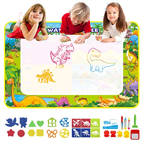 BelleStyle Agua Dibujo Pintura, Estera de Dibujo Agua, 110*70 cm Dinosaurios Alfombra de Agua Doodle con Bolígrafos Mágicos, Plantillas, Moldes, Juego de Sellos y Folleto Juguete Educativo para Niños