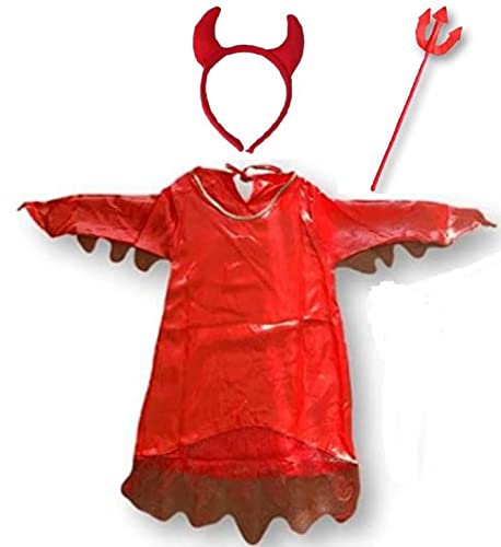 BEST&FREE Disfraz diablesa niña para halloween. Traje de disfraz diabla niña con diadema de cuernos y tridente. Disfraces halloween para niñas. Disfraz demonio niña color rojo de 81 cm de largo.