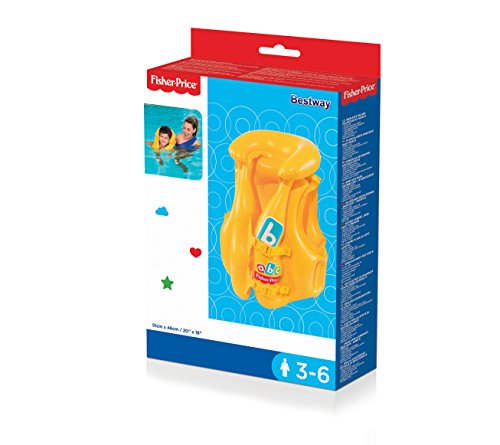 BESTWAY 93515 - Chaleco Hinchable Infantil Fisher Price Swim Safe Paso B con Collarín Hinchable, 2 Hebillas Ajustables Para Niños de 3-6 años Amarillo Birllante