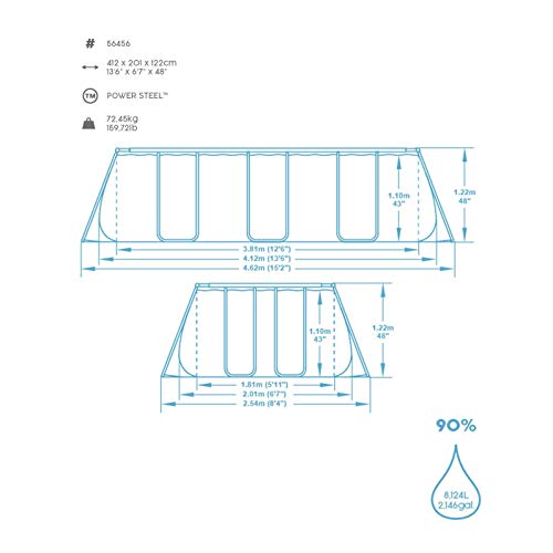 Bestway Power Steel Framepool - Piscina Cuadrada con Bomba de Filtro y Escalera de Seguridad (412 x 201 x 122 cm)