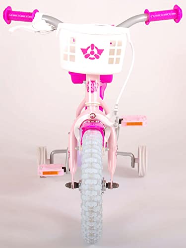 Bicicleta infantil de la Patrulla Canina, 12 pulgadas, color rosa, con freno de contrapedal, cesta, asiento para muñecas, edad 3 – 4 1/2 años