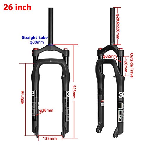 Bike Suspension Forks MTB Snow Fork Bicycle SOLO AIR AIR SSPENSION FAT 26 pulgadas Aleación de aluminio manual / control remoto Bici E-Bike Wide Neumático Steerer cónico y carretilla frontal de direcc