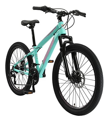 BIKESTAR Bicicleta de montaña Juvenil 24 Pulgadas de 8 años | Bici niños Cambio Shimano de 21 velocidades, Freno de Disco, Horquilla de suspensión | Menta