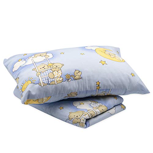 BlueberryShop Niño Juego de Cama, Funda Nórdica 120 x 150 cm, Funda Almohada 42 x 62, para Niños de 0 a 7 Años, Azul Oso en la escalera