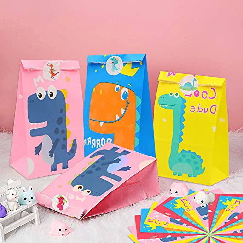 Bolsa de Dulces de Dinosaurio Bolsas de Fiesta Dinosaurios,40 PCS Bolsa de Dulces de Dinosaurio Bolsas de Papel de Caramelos Bolsa de Regalo Cumpleaños Infantil con 48 Pegatinas para Fiesta